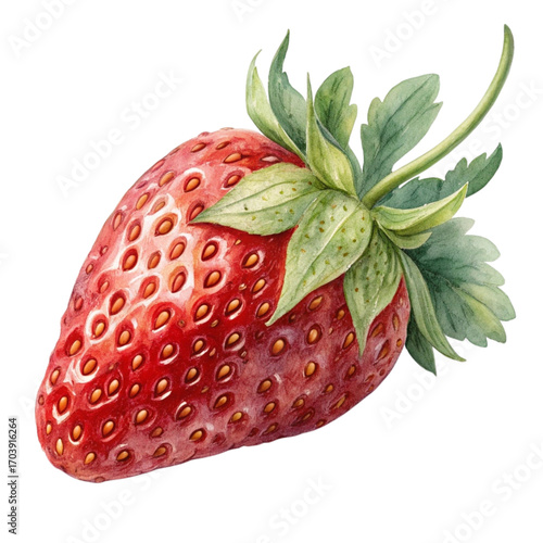 Juicy red strawberry with green leaves watercolor painting