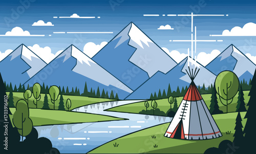 Illustration of a tipi tent near a river with mountains and trees under a cloudy blue sky view