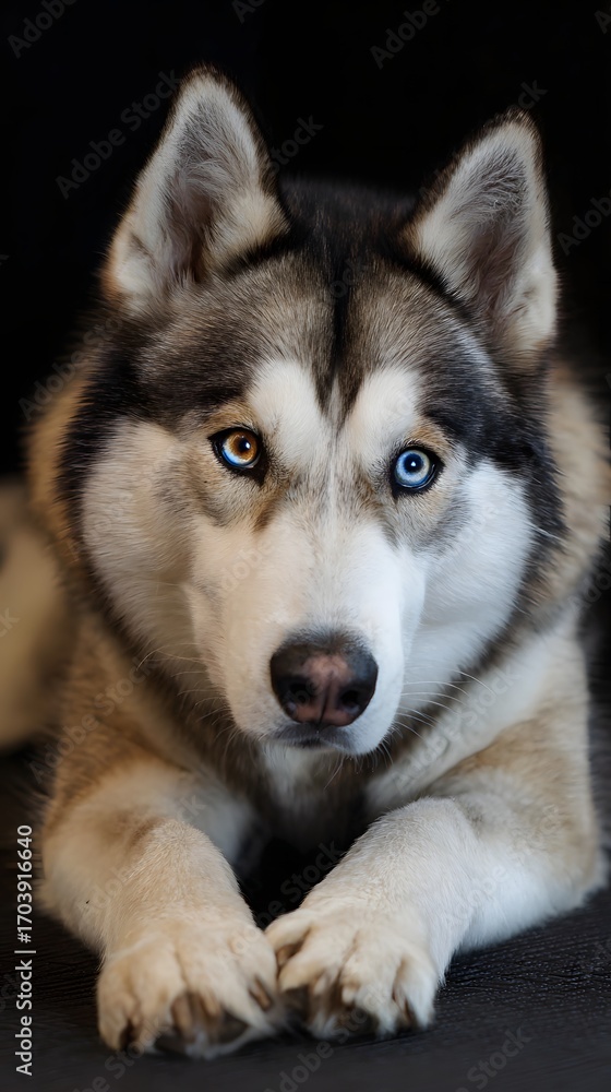 Obraz premium Smiling husky dog sitting on snowy forest path during gentle snowfall — perfect for winter greeting card, pet-themed content