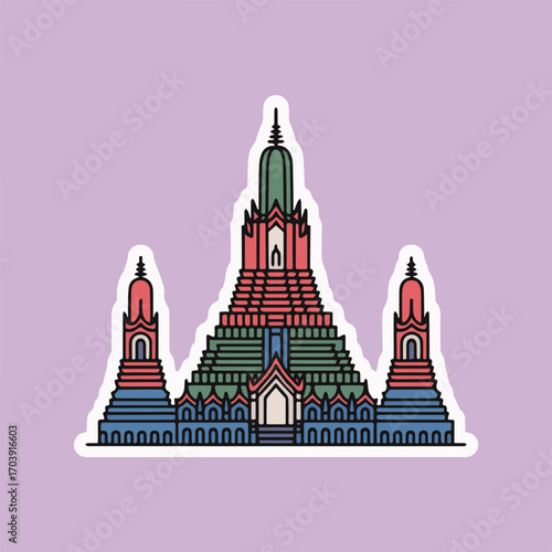 A colorful sticker illustration of wat arun ratchawararam ratchawaramahawihan, a buddhist temple in bangkok yai district of bangkok, thailand, on a light purple background