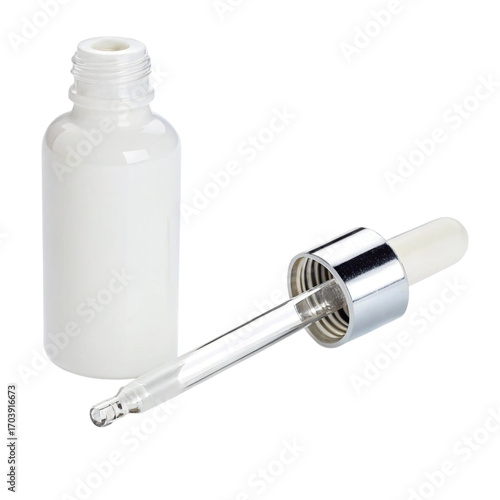 White glass dropper bottle with silver cap isolated on white background