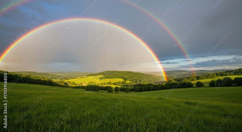 Fototapeta premium Double rainbow arches over a lush green valley
