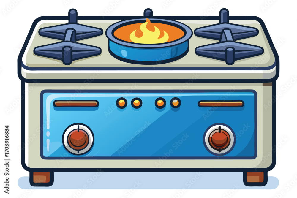 Obraz premium Stylized Isometric Gas Stove Illustration A Nostalgic Kitchen Appliance with Detailed Flame and Control Knobs Design