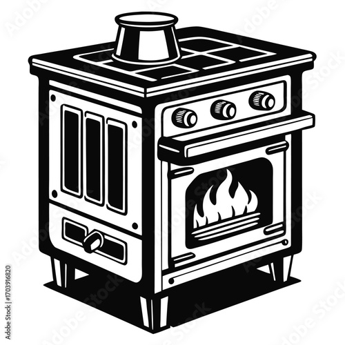 Vintage Wood Burning Stove Illustration Cozy and Retro Kitchen Appliance Black and White Line Art