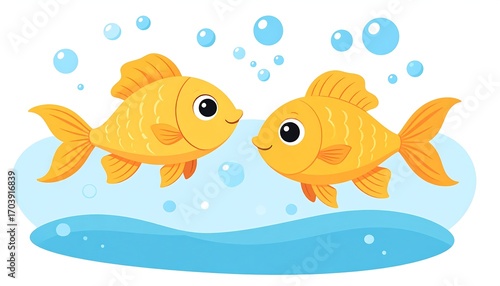Two goldfish in water with bubbles