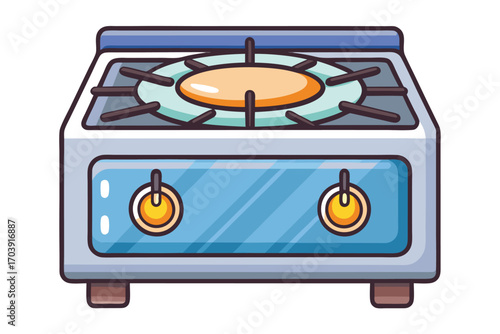 Stylized Isometric Gas Stove Illustration A Nostalgic Kitchen Appliance with Detailed Flame and Control Knobs Design