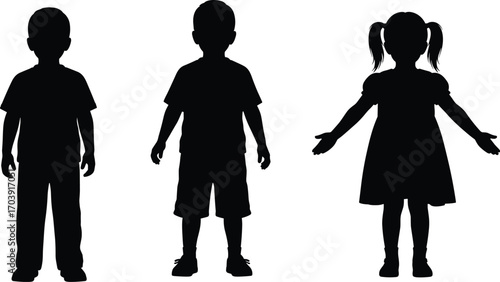 Children silhouette icons, standing kids, boy and girl figures, black vector illustration, front view, casual clothing, gender representation, posture study,