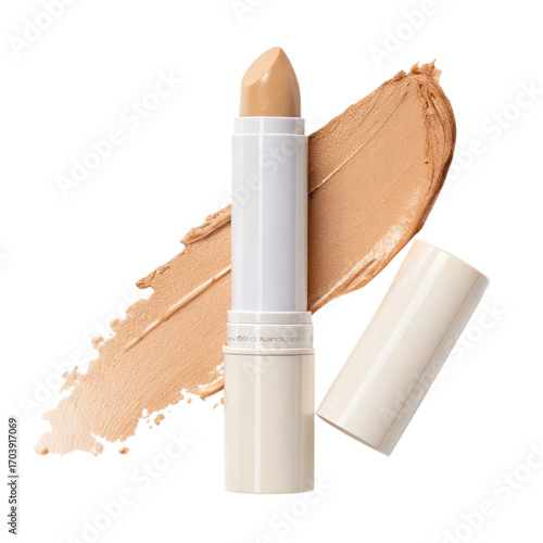 Beige colored concealer stick with a swipe of color on white background