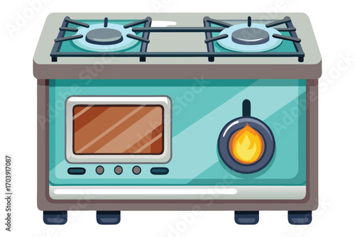 Stylized Isometric Gas Stove Illustration A Nostalgic Kitchen Appliance with Detailed Flame and Control Knobs Design