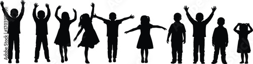 Children silhouette, expressive poses, black vector, group of kids, raised hands, standing, playful gestures, joy, childhood, celebration, body language,