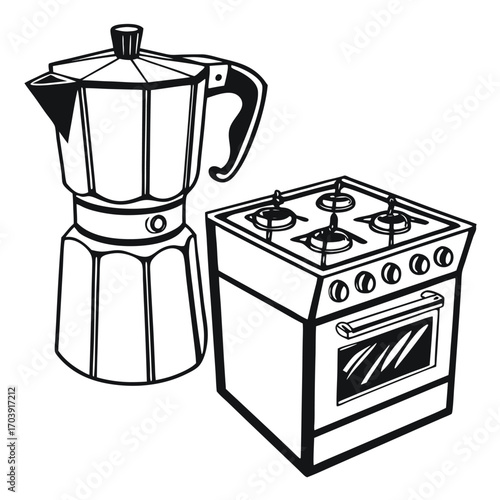 Retro Kitchen Still Life Featuring a Stove and Moka Pot Graphic Illustration