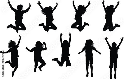 Jumping children silhouettes set, joyful poses, black vector illustration, kids leaping, arms raised high, playful movement, childhood energy, active figures, fun