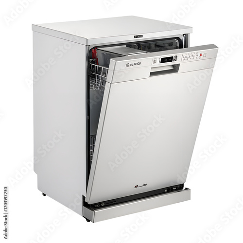 Modern white dishwasher with an open door isolated on transparent background, ready to clean your dishes efficiently