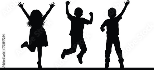 Jumping children silhouettes, playful kids, raised arms, energetic poses, black vector illustration, joyful movement, expressive figures, white background,