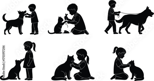 Kids with pets silhouettes, children and animals, playful poses, walking the dog, pet care, vector illustration, black pictograms, cat and dog interaction