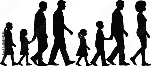 Human growth silhouettes, age progression, walking figures, child to adult, black vector illustration, life stages, development concept, side view, generational icons