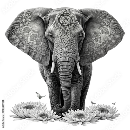 Majestic elephant adorned with intricate mandala design surrounded by sunflowers