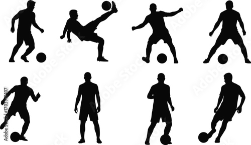 Soccer player silhouette set, black vector, football action poses, dribbling, kicking, standing, isolated illustrations, athletic movement, sports theme,