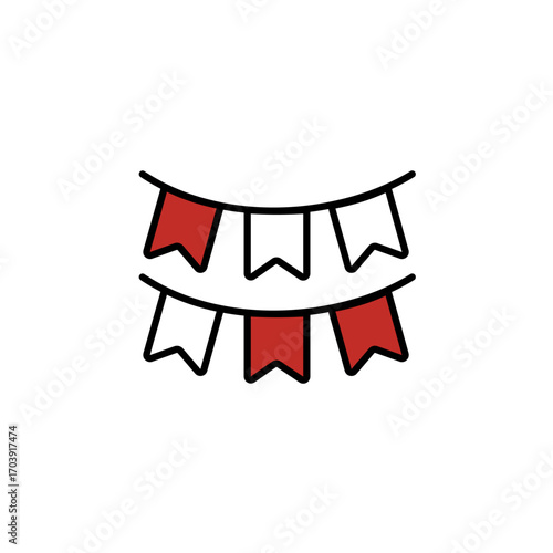A festive vector illustration of red and white pennant flags arranged in two curved rows, outlined in black. Perfect for Independence Day decorations, August 17th events, promotional content,