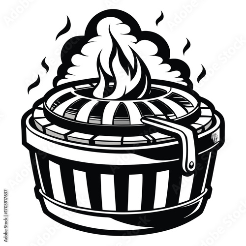 Striking Black and White Illustration of a Ceremonial Fire Pit with Flames and Rising Smoke, Symbolizing Tradition and Warmth