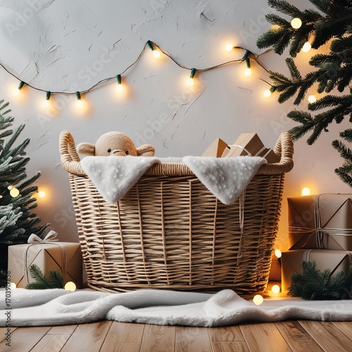 Cozy baby in wicker basket with Christmas decorations and gifts  