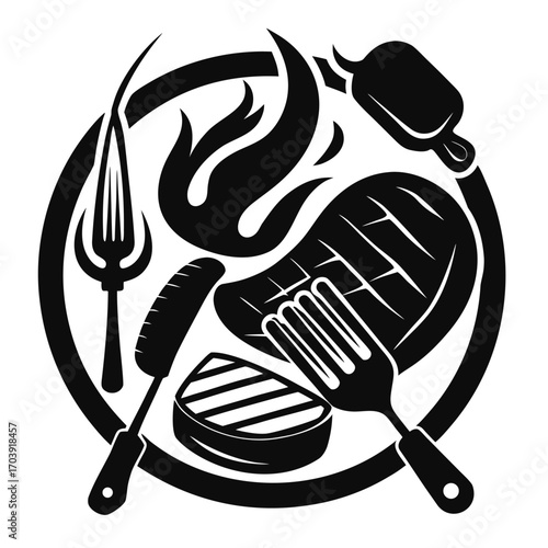 Bold BBQ Bonanza A Black and White Culinary Composition of Grilled Meats and Fiery Elements on a Decorative Plate
