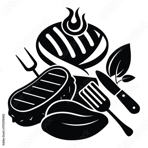 Bold BBQ Bonanza A Black and White Culinary Composition of Grilled Meats and Fiery Elements on a Decorative Plate