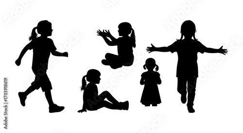 Young Girl Silhouette Vector Set | Standing Female Child Figures Vector Illustration