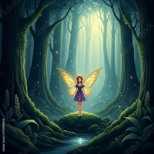 A captivating fairy stands amidst a luminous forest, her golden wings catching the ethereal light.