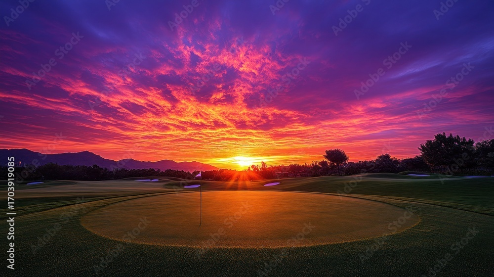 Fototapeta premium Dramatic golf course at vibrant sunset. Colorful sky over green fairway