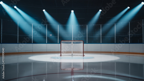 A dramatic sports arena photograph of an ice hockey rink with a centered regulation-size regulation goal.