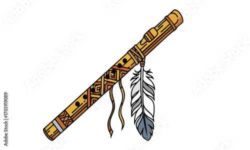 Illustration of a native american flute with feather and geometric designs on a white background