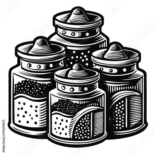 Black and White Illustration of Three Spice Jars with Varying Fillings Standing Side By Side on a White Background