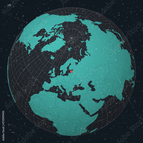 Republic of Estonia on Globe. Vintage look with grunge scratched texture. Country view on world map in Dark Charcoal Turquoise color palette. Estonia shape on map. Globe with meridians and parallels.