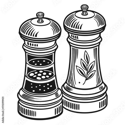 Black and White Illustration of Three Spice Jars with Varying Fillings Standing Side By Side on a White Background