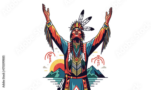 Native american man in traditional clothing with arms raised against a landscape background art