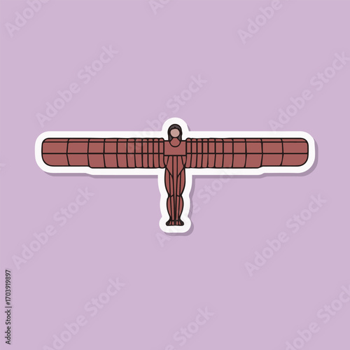 Angel of the north sticker on a lilac background, a contemporary sculpture in gateshead, england, symbolizing industrial heritage and artistic expression, against the sky, travel destination
