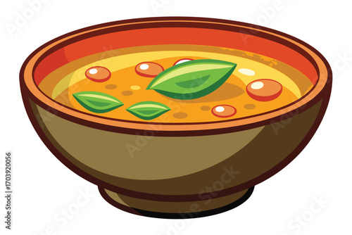 Whimsical Illustration of a Soup Bowl Filled with Savory Goodness and Fresh Basil Leaves, Perfect for a Delicious Lunch