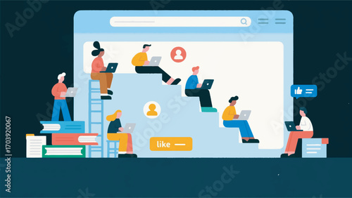 illustration of several characters interacting with elements of a giant website vector design template