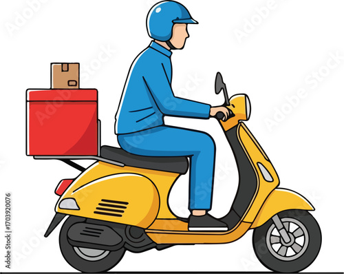A cartoon delivery person in blue uniform and helmet riding a yellow scooter with a red delivery box attached to the back