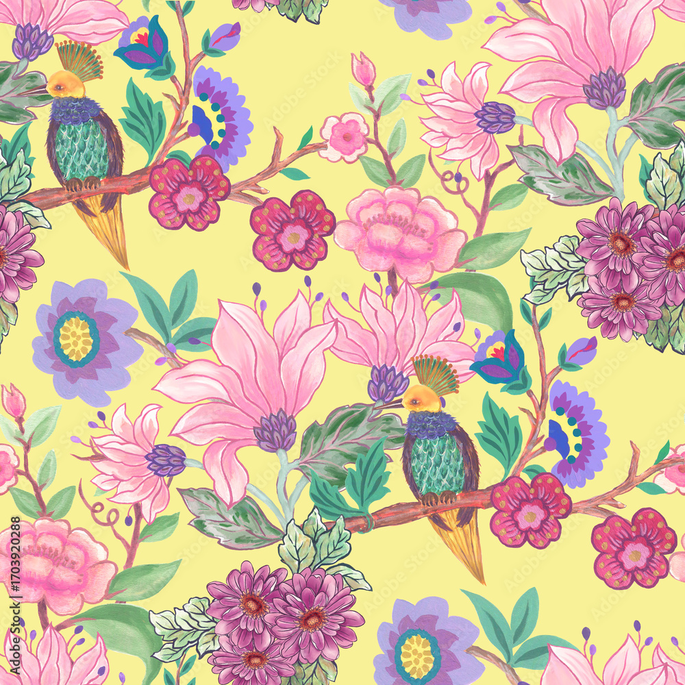 Fototapeta premium Scandinavian animal bird with blooming blossom Ornament Seamless Pattern. Nordic Traditional Cute ornament. Folk watercolor woodland Art