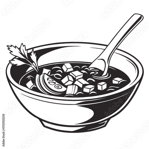 Monochrome Illustration of a Bowl of Noodle Soup with Spoon Depicting Asian Cuisine and Culinary Arts