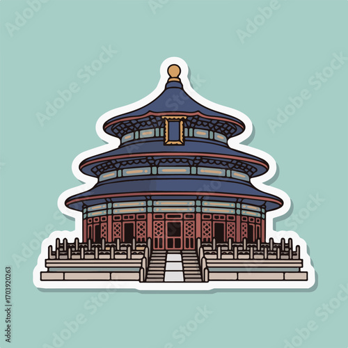 Temple of heaven sticker, a majestic chinese architecture with intricate details, set against a teal background, perfect for cultural and travel themes