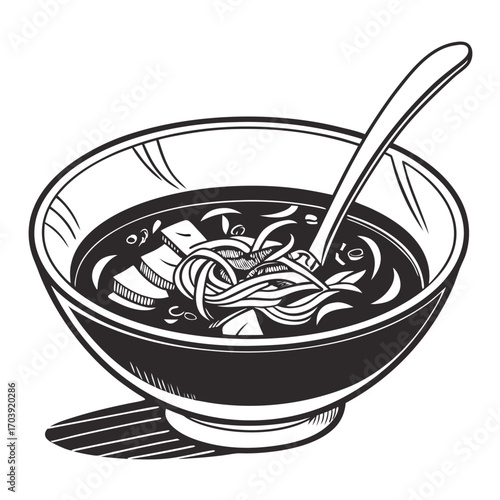 Monochrome Illustration of a Bowl of Noodle Soup with Spoon Depicting Asian Cuisine and Culinary Arts