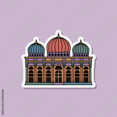 A colorful sticker illustration of a mosque with three domes, showcasing islamic architecture and cultural heritage, perfect for educational materials and travelthemed designs