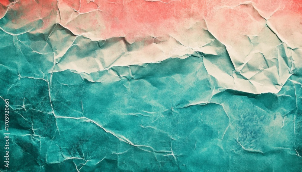 Obraz premium The image shows a close-up view of crumpled paper with a gradient of teal, beige, and coral colors, creating an abstract texture.