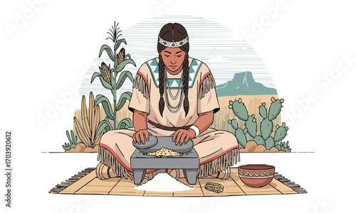 Native american woman grinding corn on a metate with corn stalks and cactus in the background art