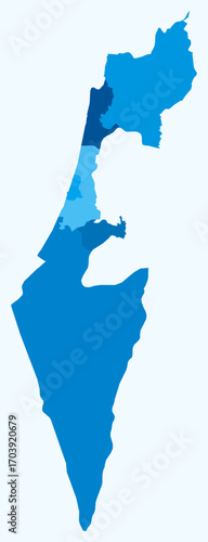 Map of Israel with regions. Just a simple country border map with region division. Light blue color palette. Blank State of Israel shape with administrative division. Vector illustration.
