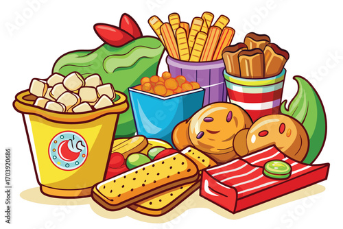 Whimsical Food Extravaganza Cartoonish Still Life with Vibrant Colors and Playful Details Depicting a Variety of Delicious Treats