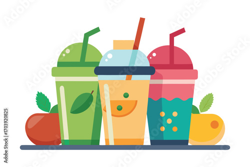 Colorful Fruit Smoothies and Juices Featuring Oranges Apples Strawberries and Limes with Vibrant Leaves and Artistic Accents